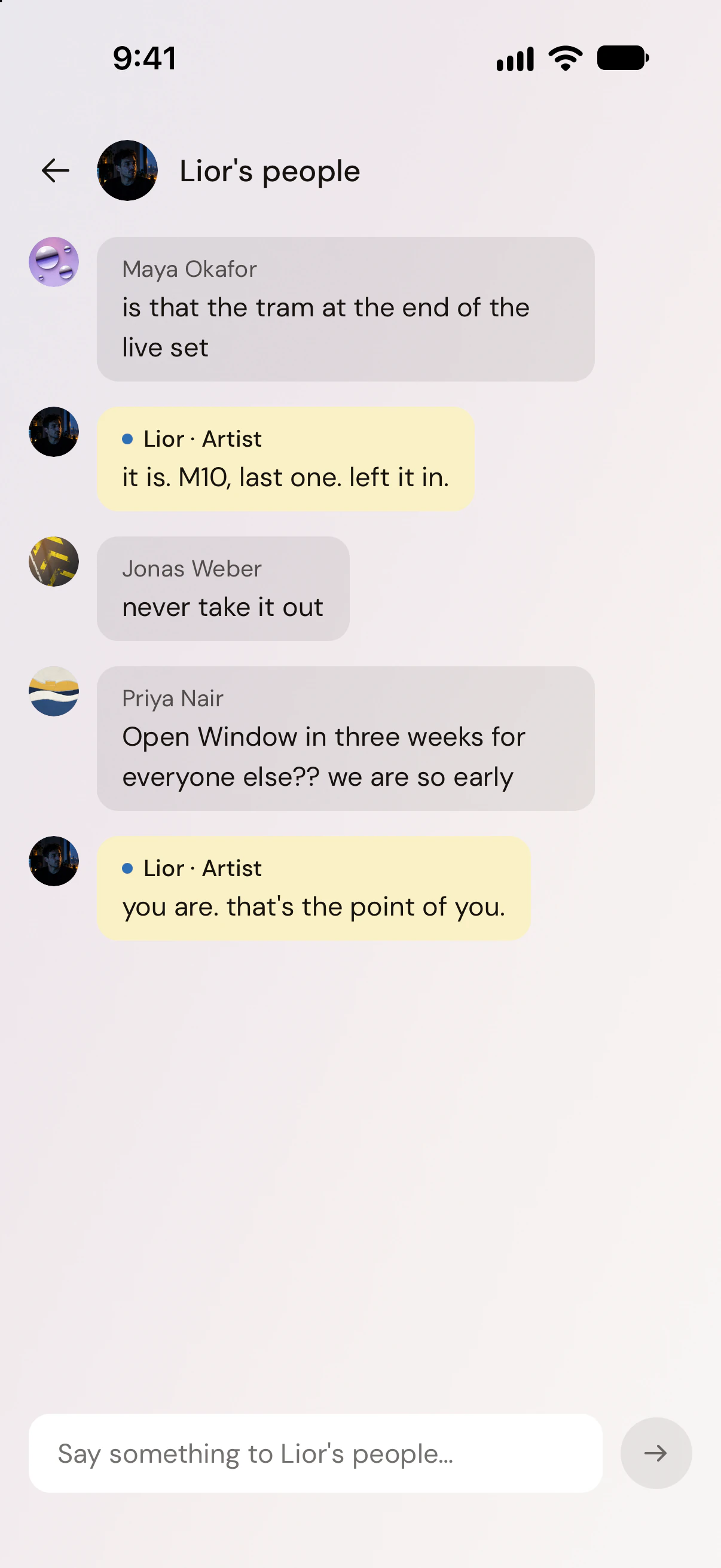 The ZuZu app as fans see it: a community chat with the artist answering in it. Behind it, the artist’s Fan Community page.