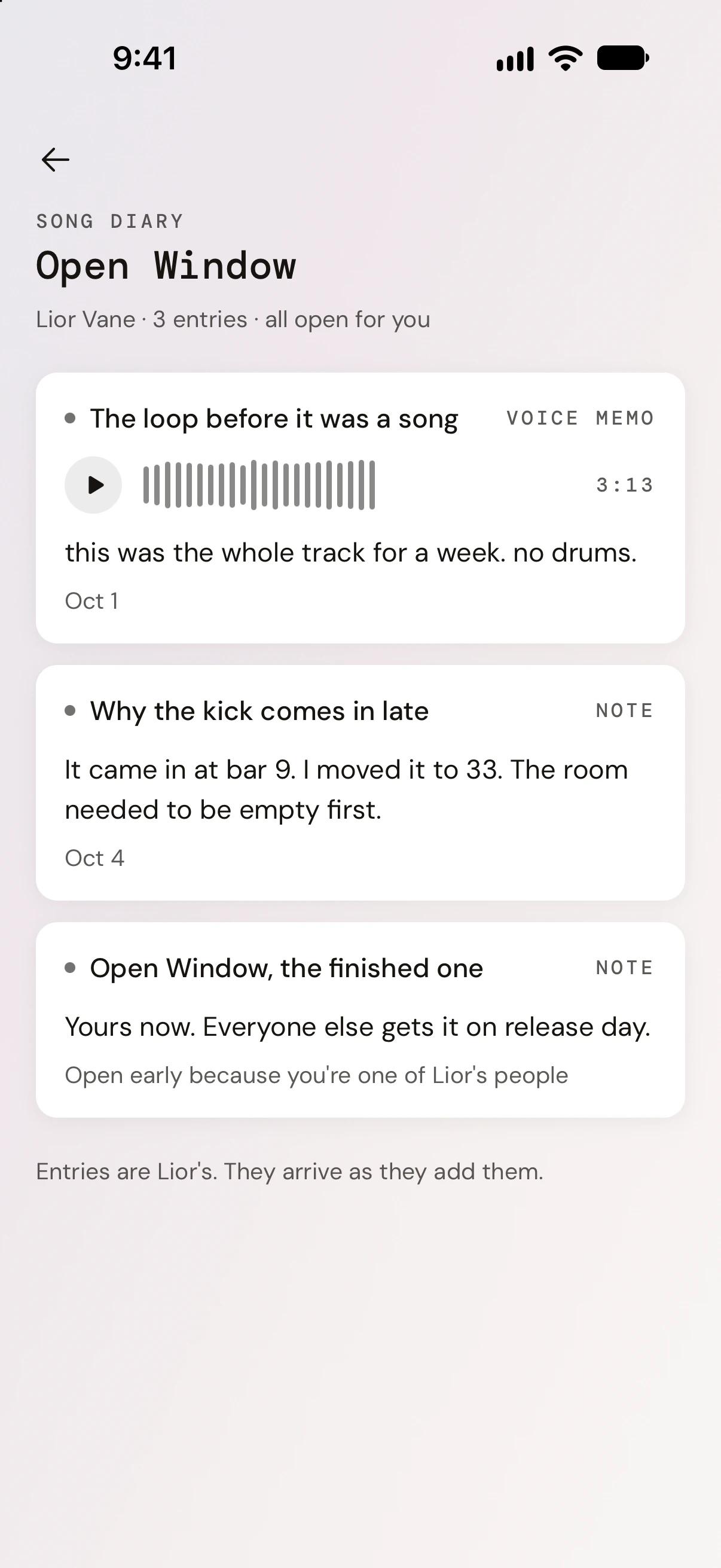 A song diary: a voice note of the first loop with its waveform, a note on why the kick comes in late, and the finished song marked yours now, everyone else on release day.