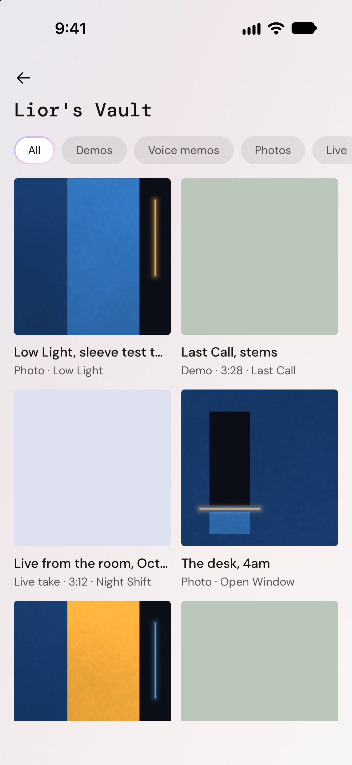 An artist’s Vault, filtered by demos, voice memos, photos and live: a sleeve test, stems, a live set, a photo of the desk, a session photo and a voice memo.