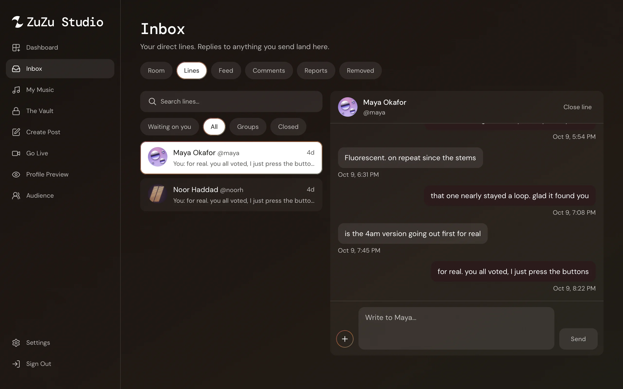 Studio direct lines: a list of open lines with each fan’s last message, and the thread beside it.