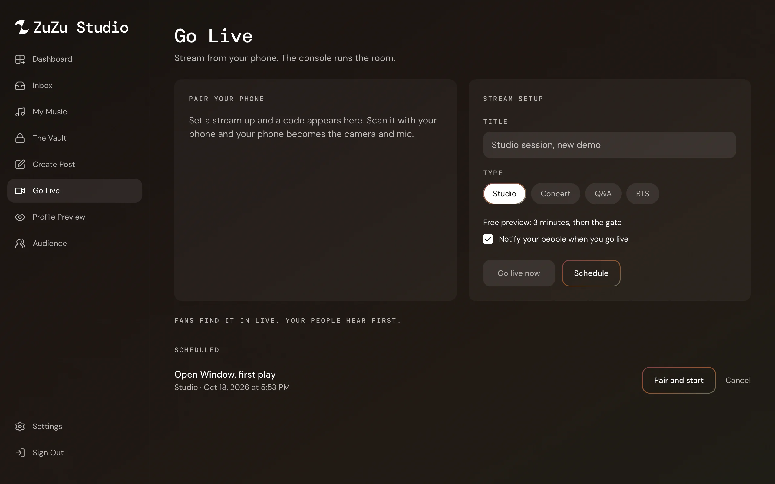 Studio Go Live: pair your phone, set a title and type, choose a free preview, go live now or schedule.