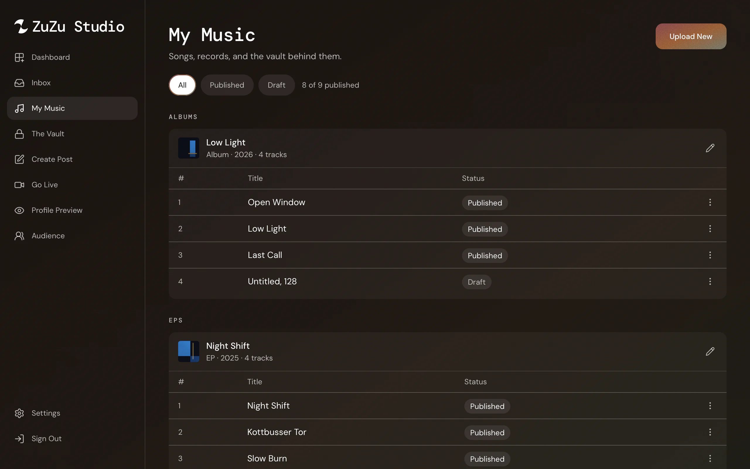 Studio My Music: an album and an EP with their tracks, each published or draft, and an upload button.