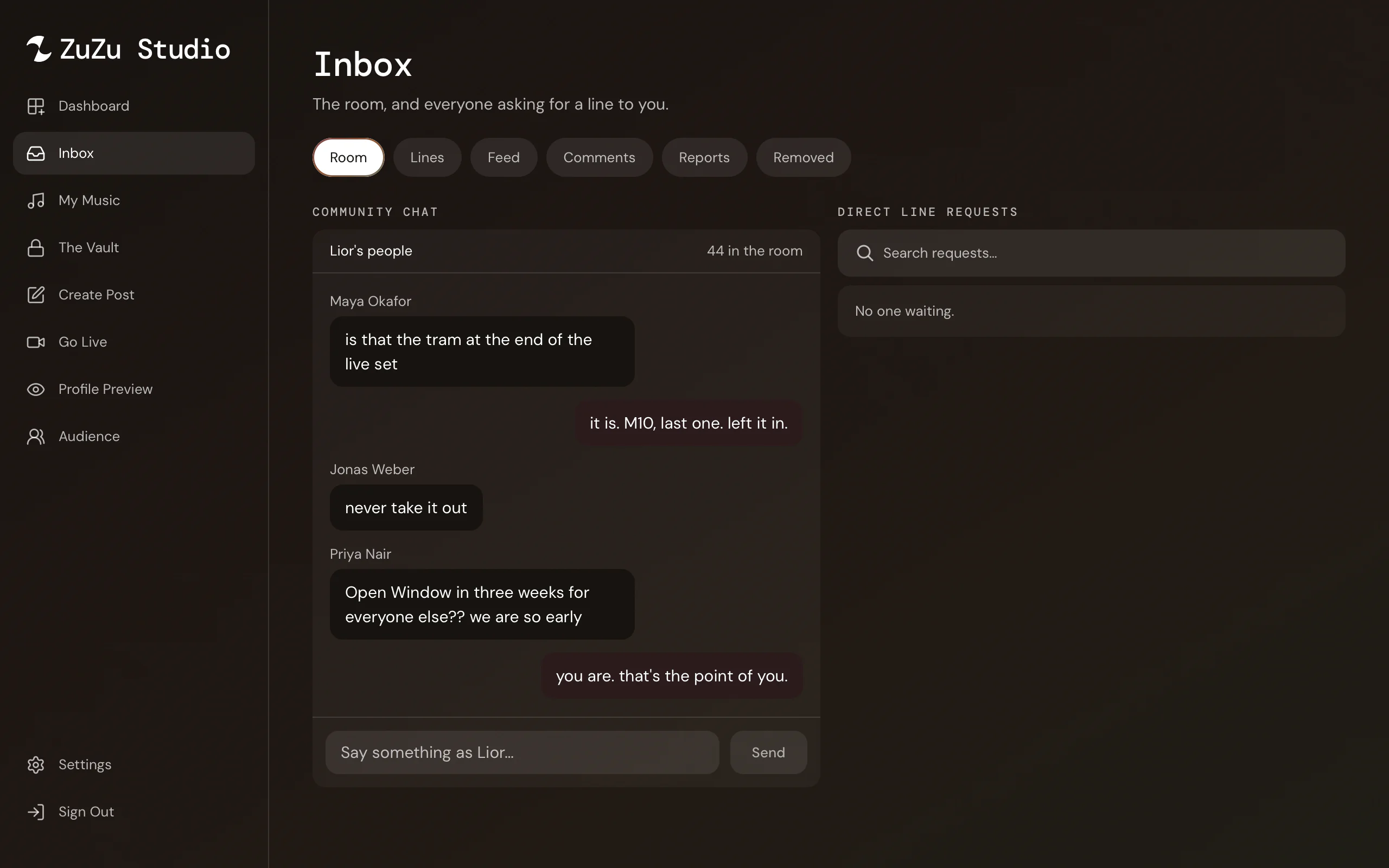 The Studio inbox showing the community room, with fans talking and the artist answering, and direct line requests beside it.