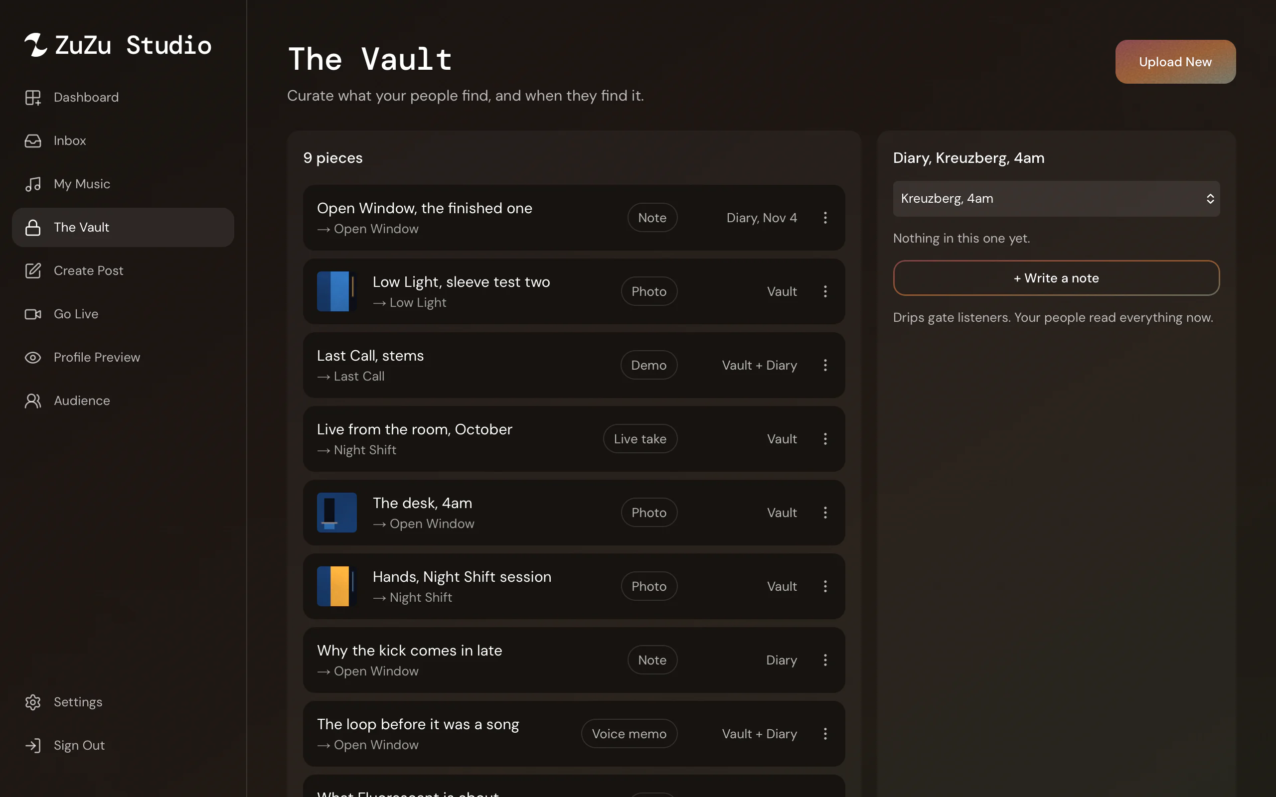 The Studio Vault: pieces linked to songs and marked Vault or Diary, with a diary panel for one track.
